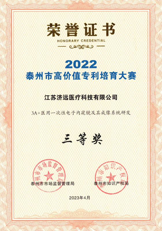 Third Prize for High Value Patent in Taizhou City